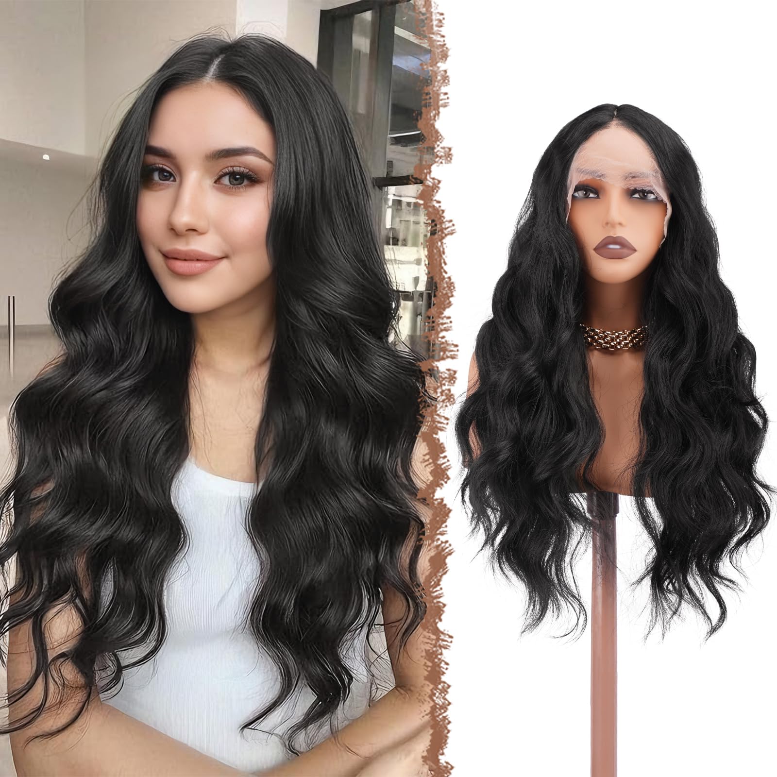 FESHFEN Lace Frontal Peruki Długie Falowane Peruka HD Koronkowym Peruki Syntetyczne Włókna z Włosy Naturalnym Wyglądem dla Kobiet, 70 cm Naturalna Czarny