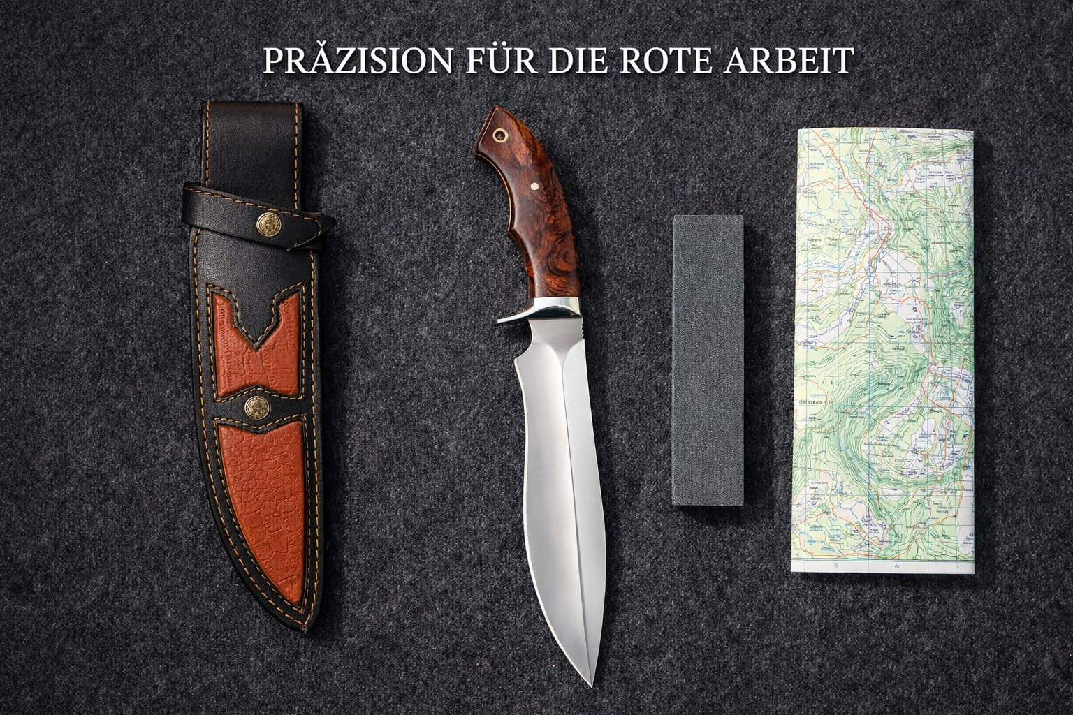Handmade hunting knife, 26 cm blade made of real Damascus steel, rosewood handle, 39 cm overall length, real leather sheath. (Bowie-3)