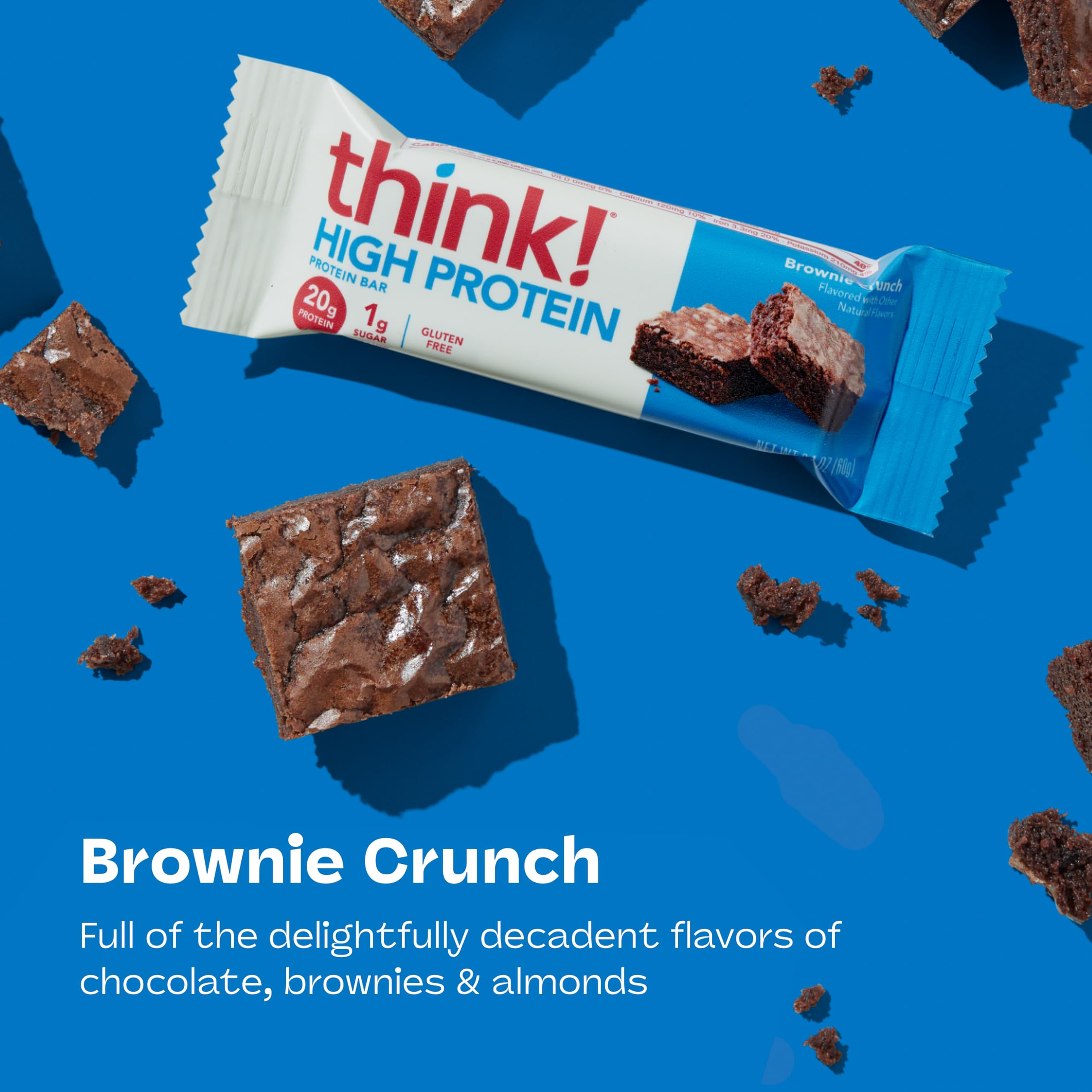 think! Barras de proteínas, aperitivos ricos en proteínas, sin gluten, sin azúcar, con aislado de proteína de suero de leche, brownie crujiente, barras nutricionales sin edulcorantes artificiales, 2.1