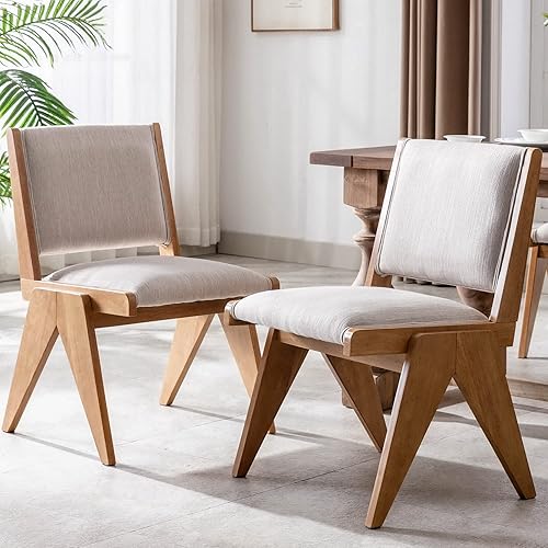 BESTANO Juego de 2 sillas de comedor tapizadas de lino con patas de madera, modernas sillas de comedor acolchadas de mediados de siglo para cocina