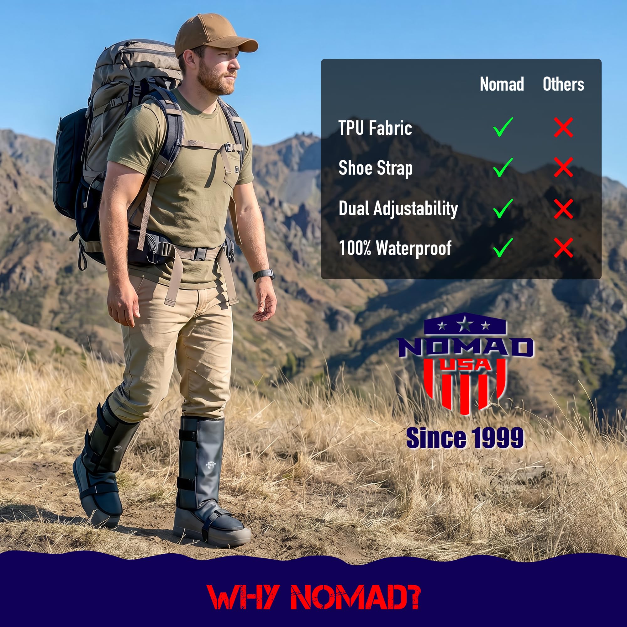 Nomad Ochraniacze na nogi dla mężczyzn/kobiet, wodoodporne, chroniące przed ugryzieniem węża, odblaskowe, lekkie, regulowane, ochraniacze na nogi, do wędrówek, polowania, wspinaczki, trekkingu