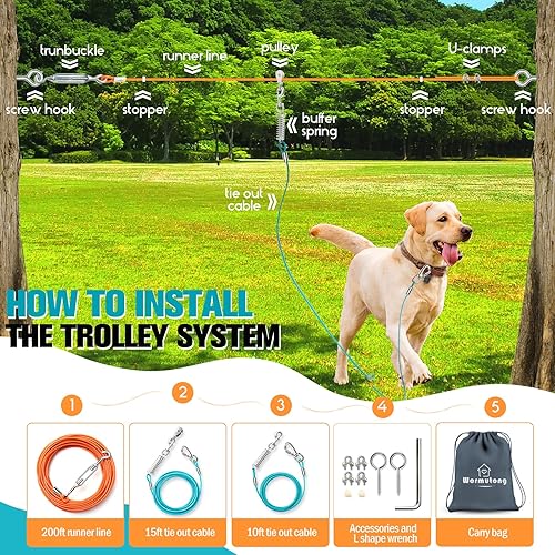 Miniatura 7 de Sistema de carrito para perros de alta resistencia mejorado 200 pies con cable de amarre de 10 y 15 pies, cable de correa larga para acampar al aire