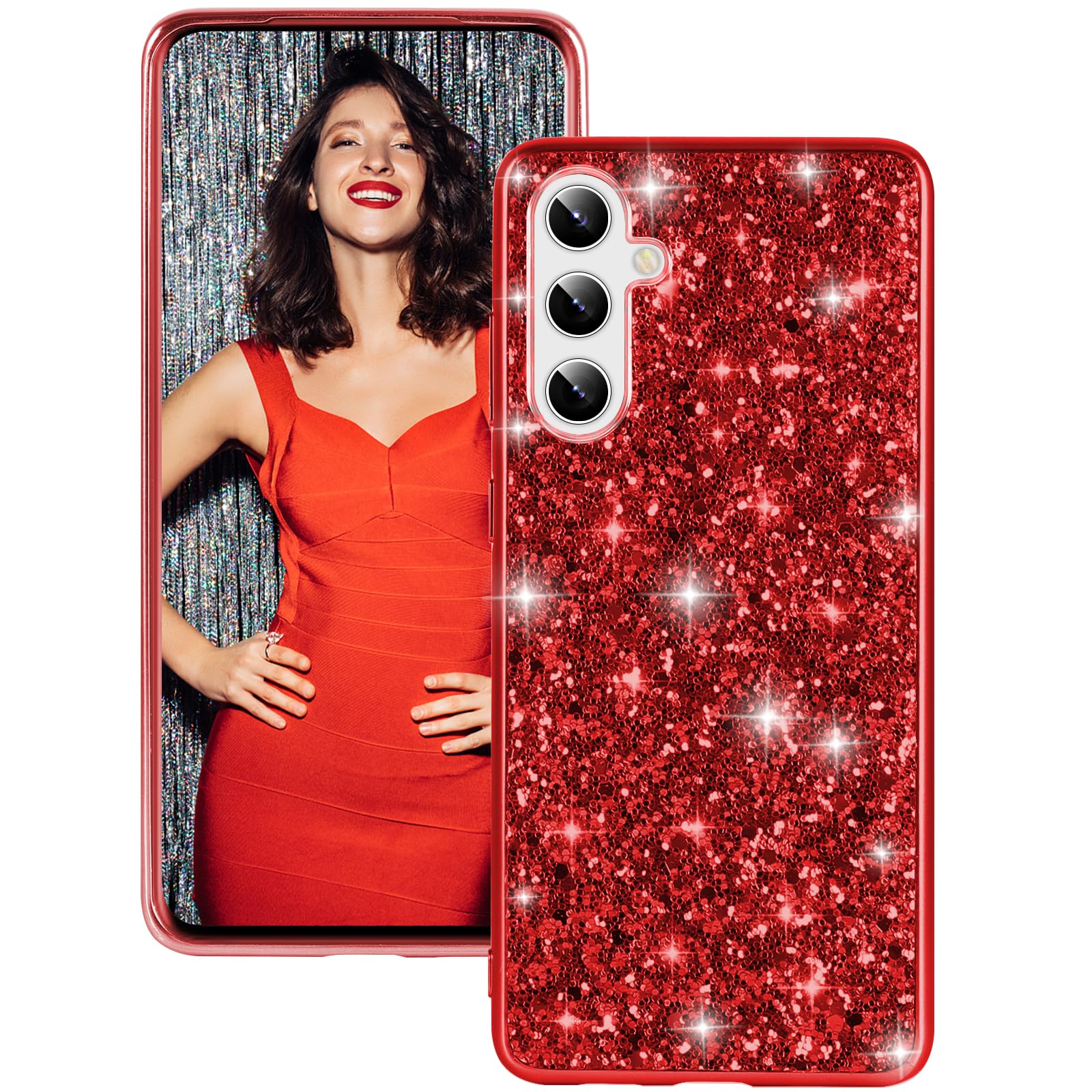 Fiyer Silicone Case for Samsung Galaxy S25 Plus 5G, Glitter Sparkle Bling, Hybrid Matte Back, Heavy Duty Shockproof Protective Cover, Red