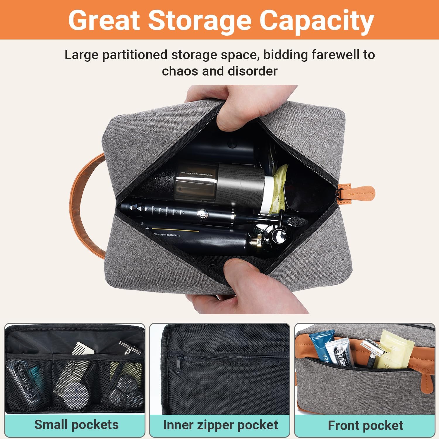 Elviros 吊り下げ式トラベルポーチ メンズ 洗面用ポーチ 大容量 防水PUレザー ドップキット 旅行・バスルーム用（グレー）