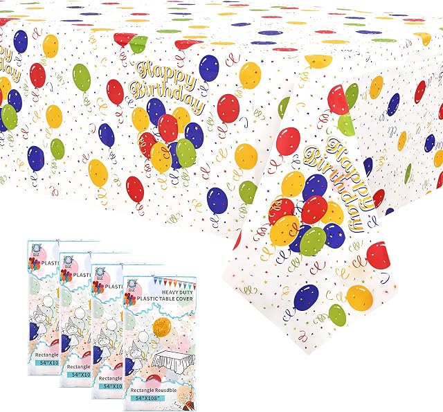 4 Pack Birthday Table Cloth Table Covers, 54" x 108" Plastic Disposable Tablecloths Party Rectangle Table Cloths Paper Tablecloths for Parties Birthday Decorations