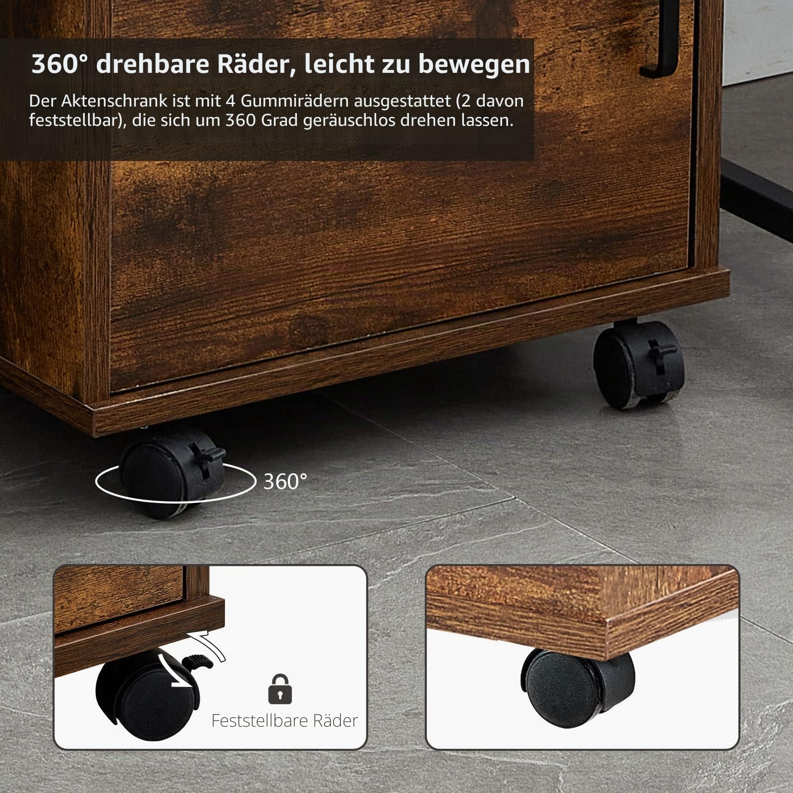 CLIPOP Rollcontainer Abschließbare Aktenschrank Holz Schublade Aktenschrank mit 1 geschlossenem Speicher und 4 Rolling Wheels, Mobile unter Schreibtisch Schrank für A4 Papier und Aktenordner