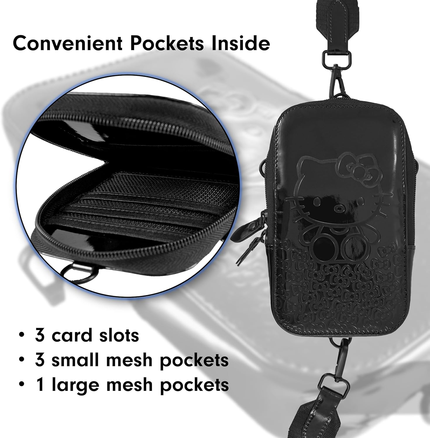 Sonix x Sanrio Universal Phone Pouch | Crossbody Bag for Cell Phone, 3-in-1 Phone Purse Wallet | Hello Kitty Black Bows | Vegan Patent Leather - Shiny Glossy Finish