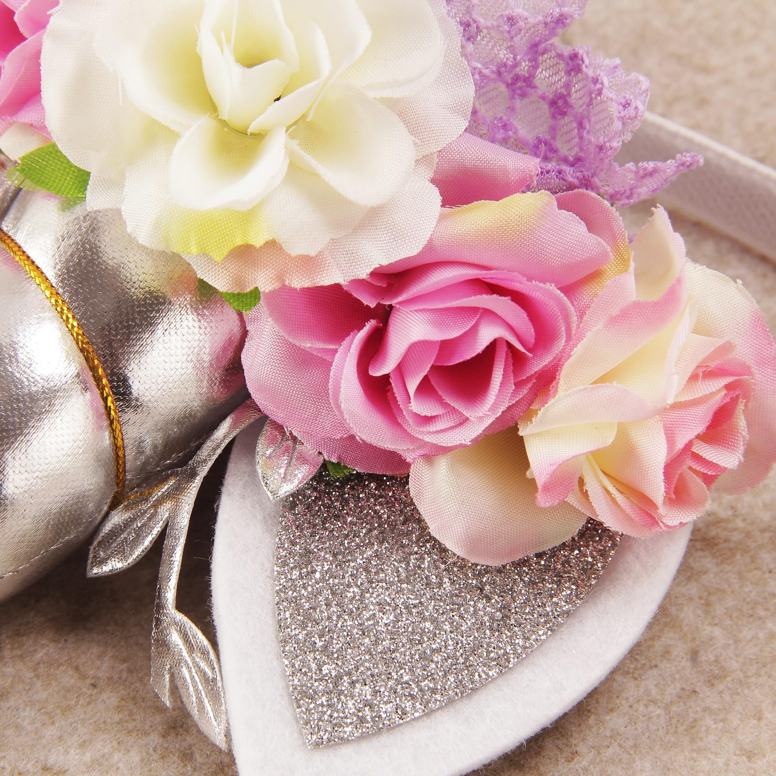 Nishine Roses Floral Unicorn Horn Headband Elastic Baby Girls Unicorn Hairband Party Supplies (Silver&Ivory) - Image 4