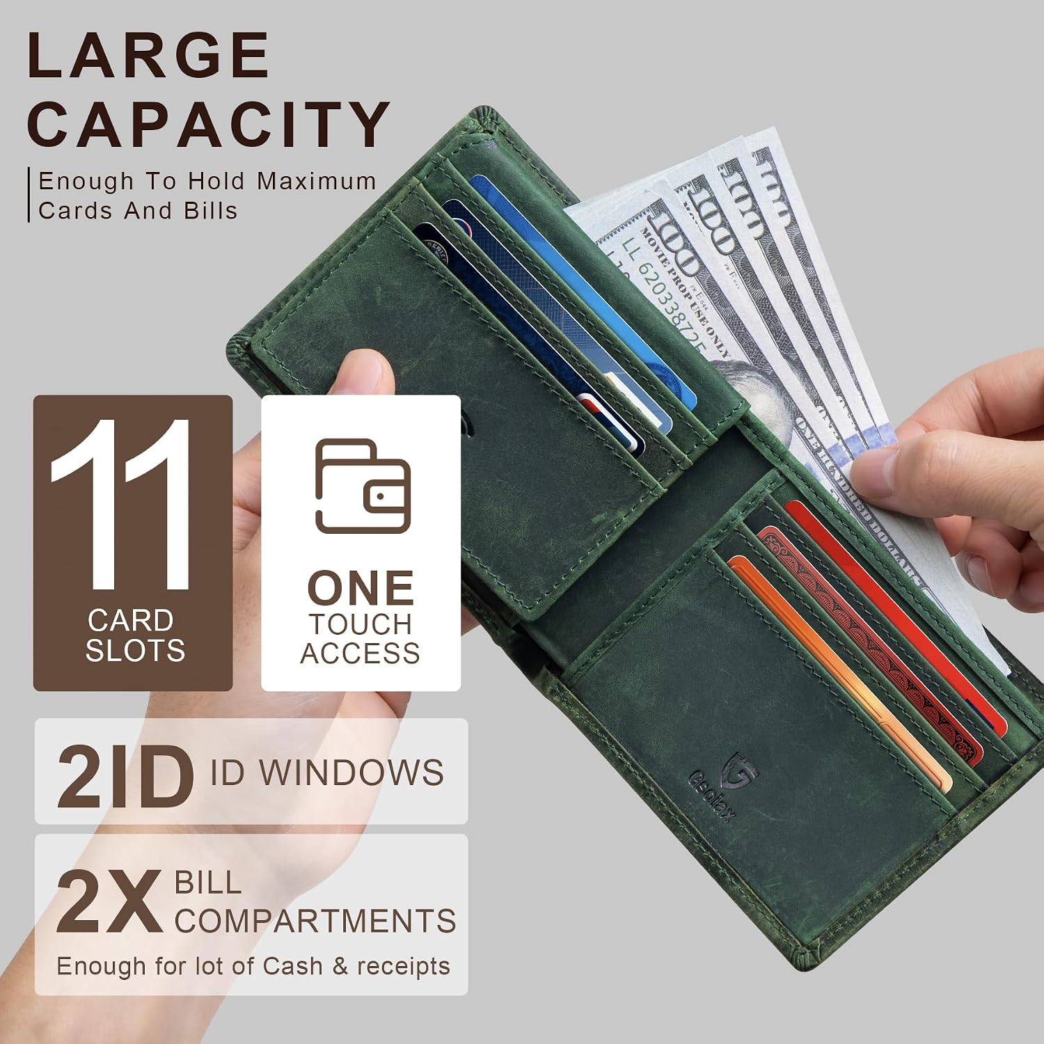 GSOIAX Premium Crazy Horse Leather Wallet for Men-Handcrafted Vintage Bifold Wallet with 11 Card Slots,2 ID Windows & 2 Cash Pockets,RFID Blocking,wallet Gift ideas for Him (Green) image 3