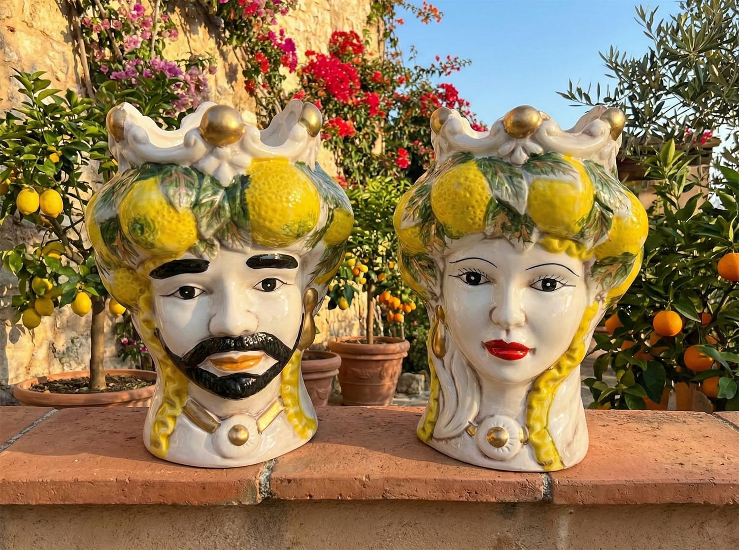 Vases têtes de Maure en céramique sicilienne : duo Roi et Reine d'exception 18 cm
