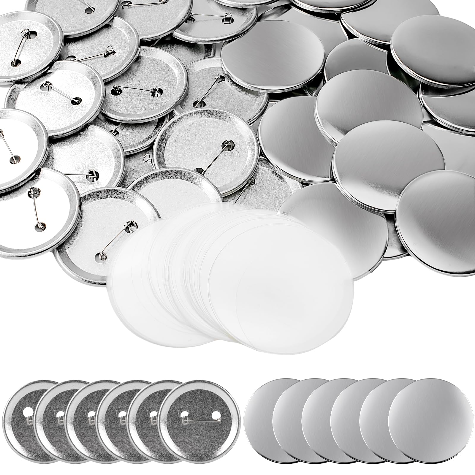 200 juegos de suministros para hacer botones, piezas de botón en blanco de 58 mm, incluyendo carcasas de metal, cubiertas traseras de pines y película de PVC transparente para manualidades