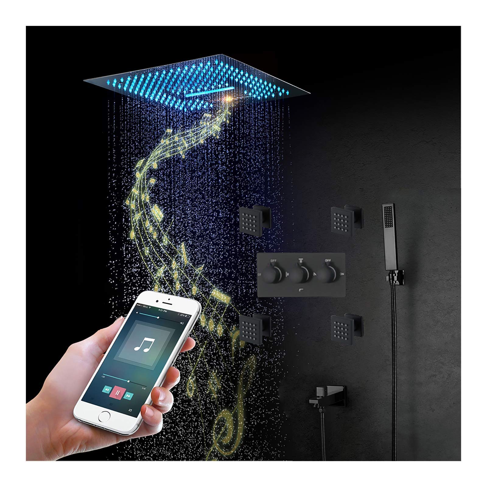 Set combo per doccia a soffitto con LED nero, 64 colori, con soffione da 40,6 cm, doccetta portatile, getti per corpo, rubinetto per vasca da bagno, controllo del telefono (controllo telefonico)