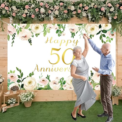 Miniatura 6 de Vlipoeasn Elegante telón de fondo blanco del 50 aniversario, poliéster, diseño de peonía de oro rosa, cuerda incluida, para sorpresa de pareja,