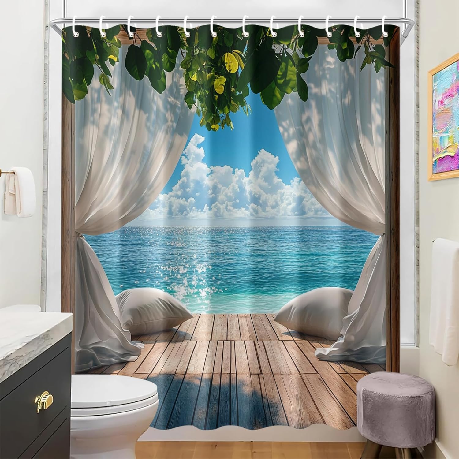 Ocean View Shower Curtain 72x72 Inch Beach Theme Bathroom Decor Tropical Seaside Window Style Curtain Coastal Blue White Resort Spa Style for Relaxing Modern Bathtub Setup