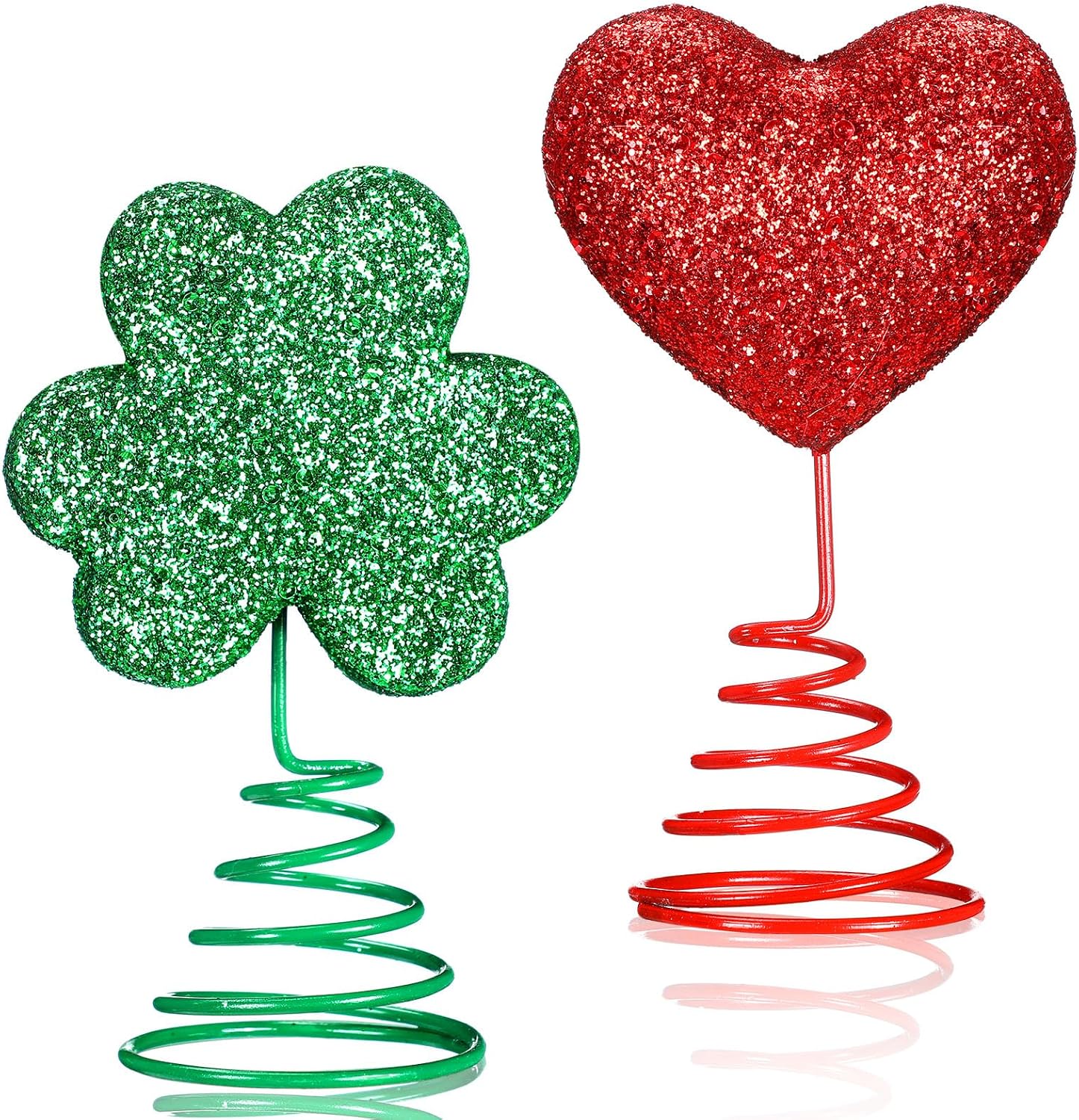 Daifunli 2 Pcs Valentine's Day Heart St Patrick's Day Mini Glitter Tree Topper, Romantic Heart Shamrock Metal Glitter Ornament Decorations for Valentines St Patrick's Irish Holiday Party