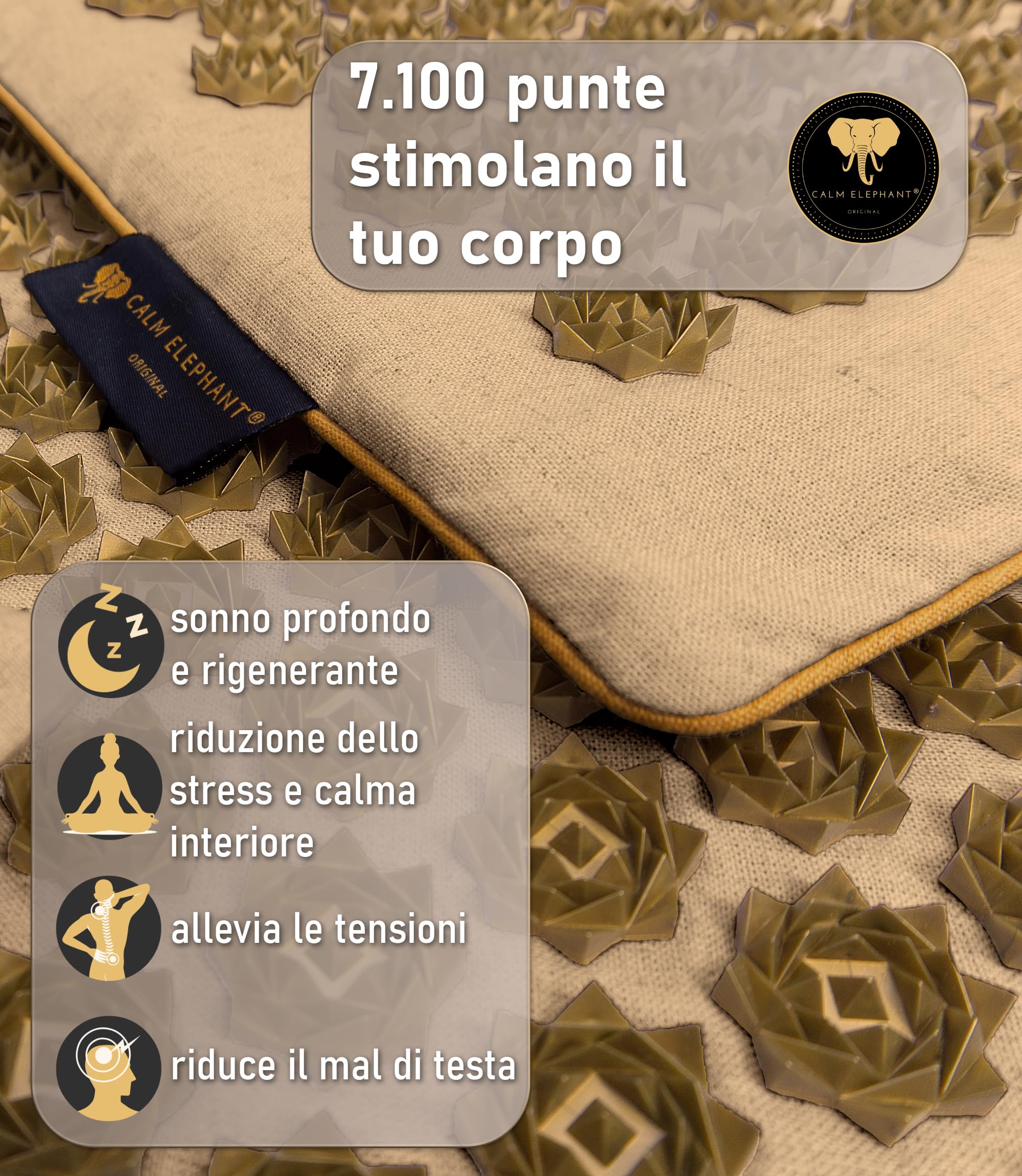 CALM ELEPHANT Tappetino Agopressione e Cuscino Ergonomico, Set XL, 3pz | Campo Fiori, Allevia Dolore Schiena Collo Spalle, Riflessologia, Anti-Stress, Meditazione, Riscaldante Borsa, Beige