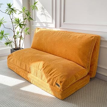 MAXYOYO Folding Corduroy Sofa Bean Bag Bed Chair Foam Filling Extra Thick 4 Fold Floor Couch Matress for Adults, Includes Removable and Machine Washable Cover for Living Room, Orange, 100x240 cm