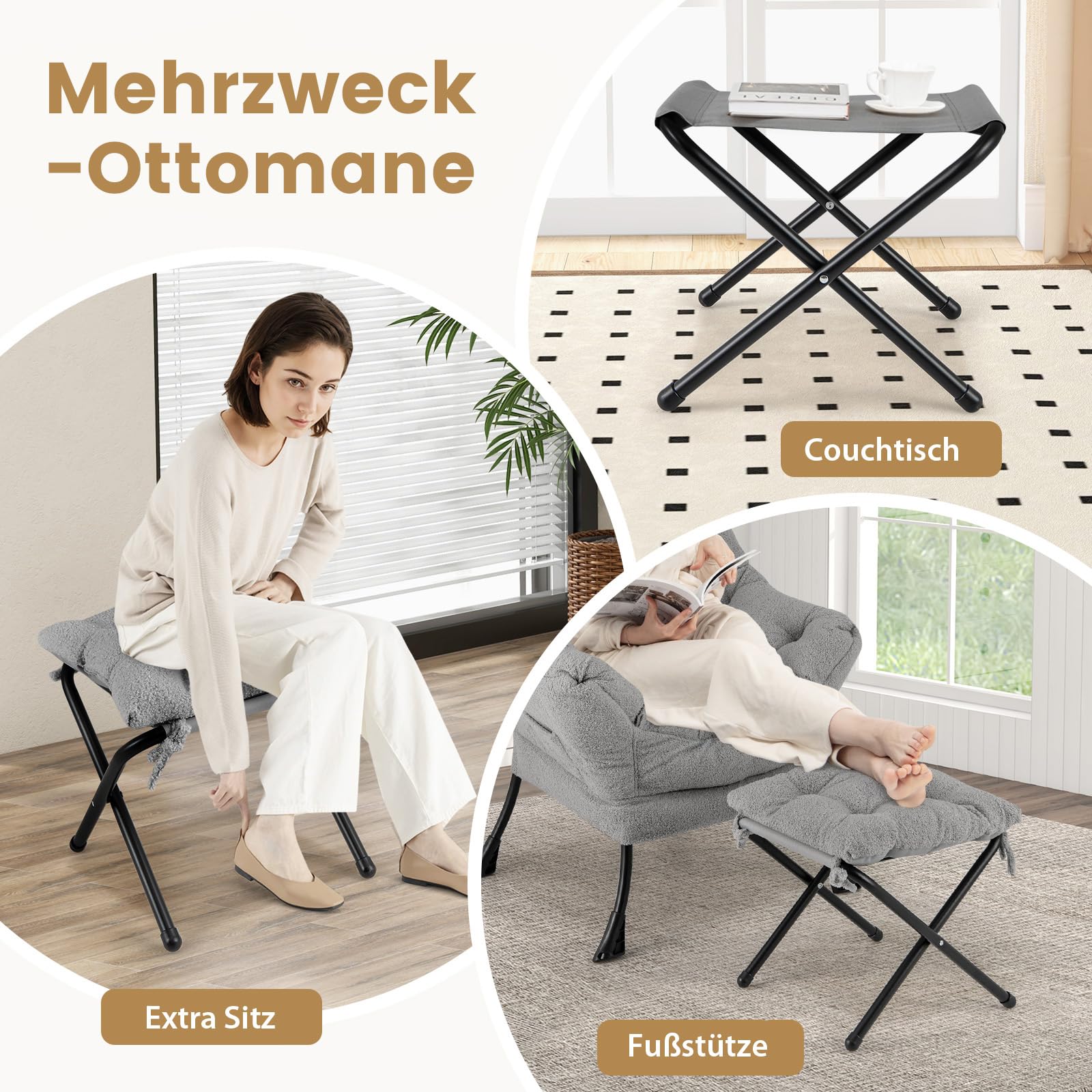 COSTWAY Sessel mit Hocker, Relaxsessel mit Armlehnen, Seitentasche & Fußstütze, Loungesessel, Fernsehsessel, gepolsterter Ohrensessel für Wohnzimmer, Schlafzimmer, Büro (Grau)