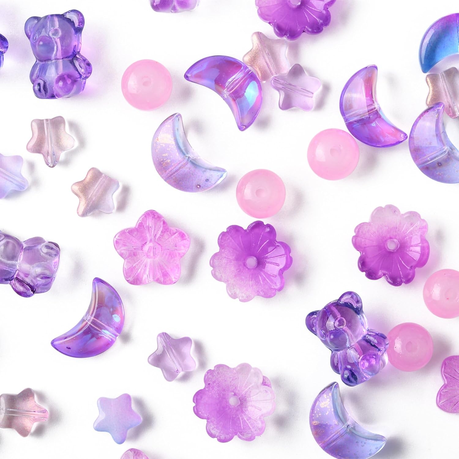 Assorted 122Pcs Glass Beads for Jewelry Making Including 8 Styles Transparent Star Flower Round Bear Moon Pink Glass Bracelets Necklaces Earrings Beads - Image 3