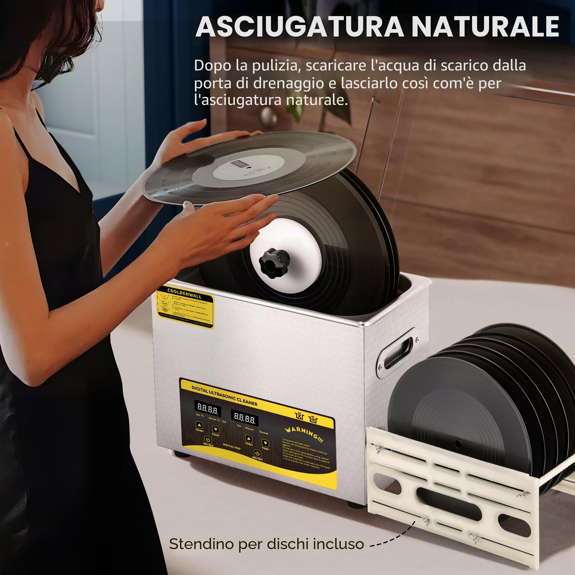 Pulitore di Dischi ad Ultrasuoni 180W 6L 0-30 Minuti Timer Digitale e Rotazione Automatica per Dischi da 7/10/12" Nessun Danno alla Superficie del Disco (Supporto di Asciugatura e Cestello inclusi)