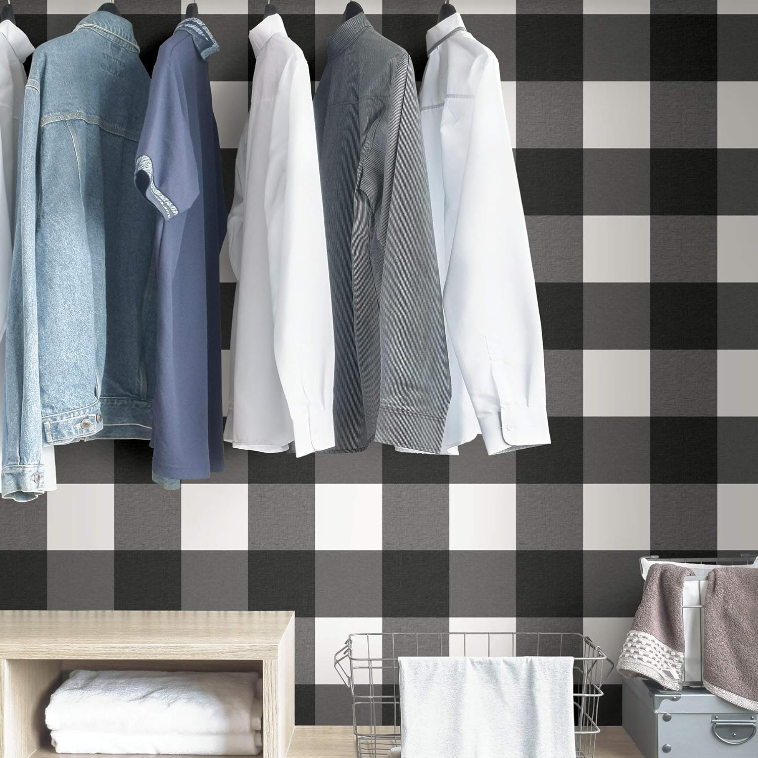 NuWallpaper Charcoal Farmhouse Plaid Peel and Stick Wallpaper, NUS3624