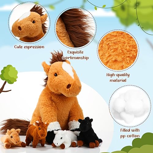 Miniatura 4 de Lenwen 5 piezas de animales de peluche de caballo de 18 pulgadas grande mamá caballo de peluche con 4 bebés en cremallera para nutrir el vientre
