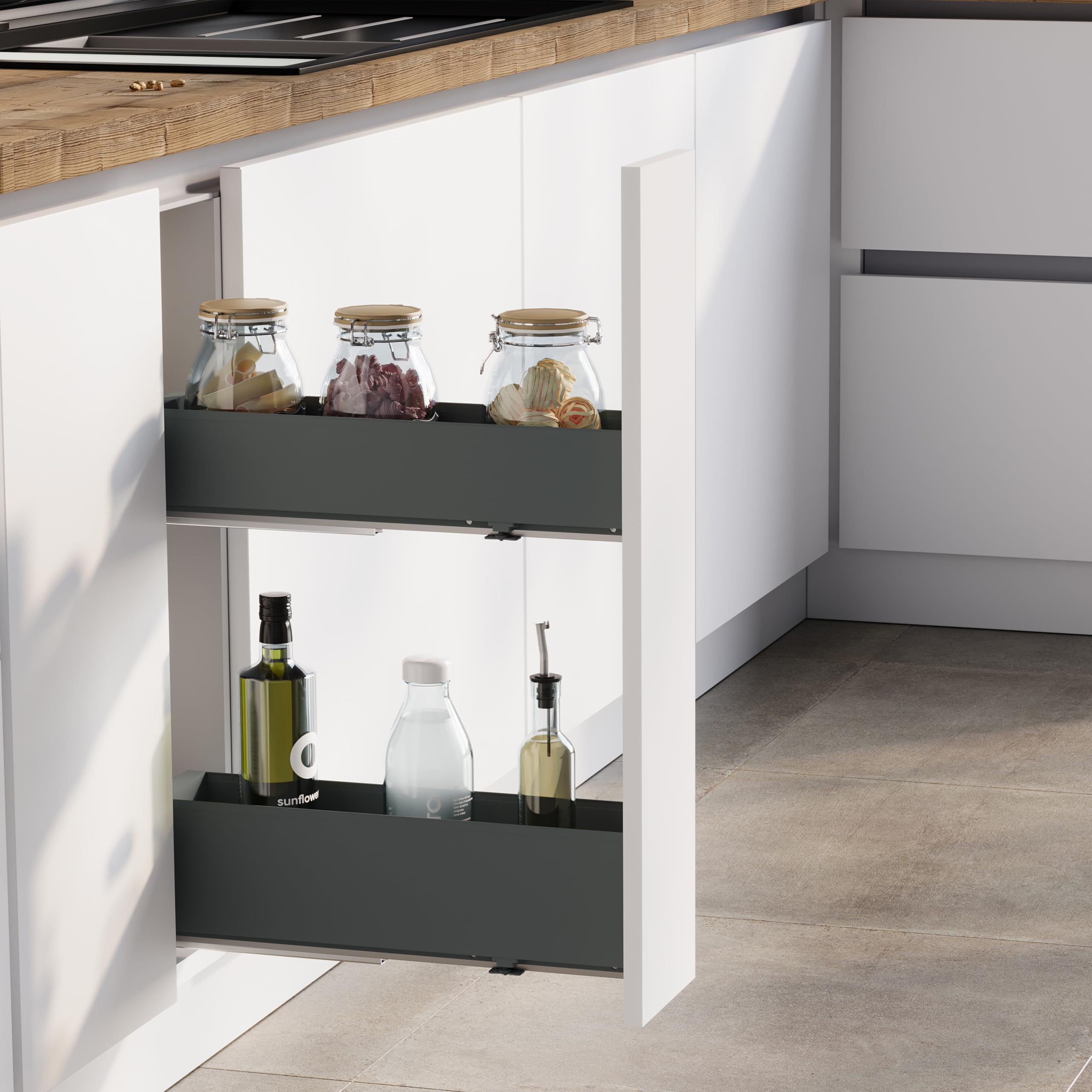 EMUCA - Botellero Lateral extraíble Titane Simplex, Cierre Suave, Carro botellero para Mueble bajo de Cocina, módulo 200mm, Gris Antracita