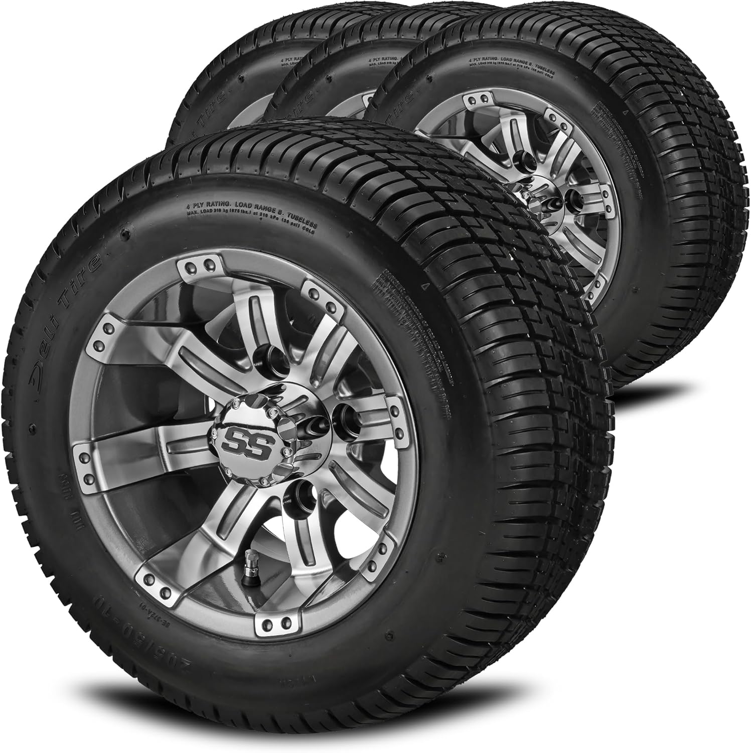 RM Cart 10" Casino Matte Black on a 205/50-10 Deli Low Pro Tire (Set of 4) | Golf Cart Tires and Wheels Combo with Standard Lug Nuts