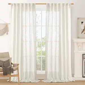 LAMIT Cream Linen Curtains 84 inch Length 2 Panels, Light Filtering Semi Sheer Panels Back Tab and Rod Pocket Neutral Boho Drapes for Bedroom/Living Room, 52 x 84 Inch