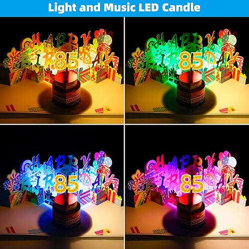 Miniatura 4 de Gumry Tarjeta emergente de cumpleaños musical 85, tarjetas 3D con luz LED soplable con canción "HAPPY", sonido de aplausos de alegría, luces que