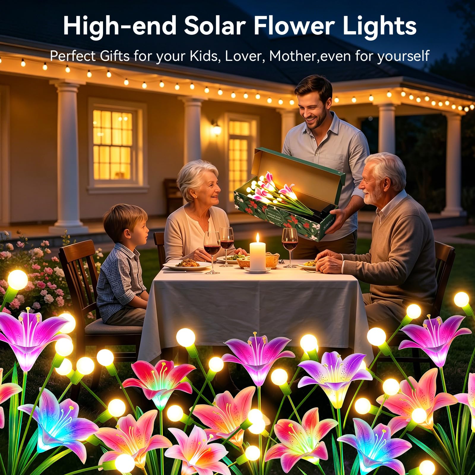 BUCASA Firefly Solarlampen für Außen Garten, 4 Stück 36LED Hell Solarleuchten für Außen mit Warmweiß Glühwürmchen und Farbig Lilien Blumen, Upgraded Swinging Solar Gartenleuchten für Wege Höf Balkon