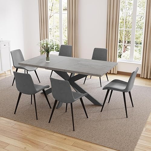 Miniatura 31 de ZckyCine Juego de mesa de comedor extensible de 6 piezas, moderna mesa de madera gris de 63 a 79 pulgadas con 6 sillas de tela gris, mesa de comedor