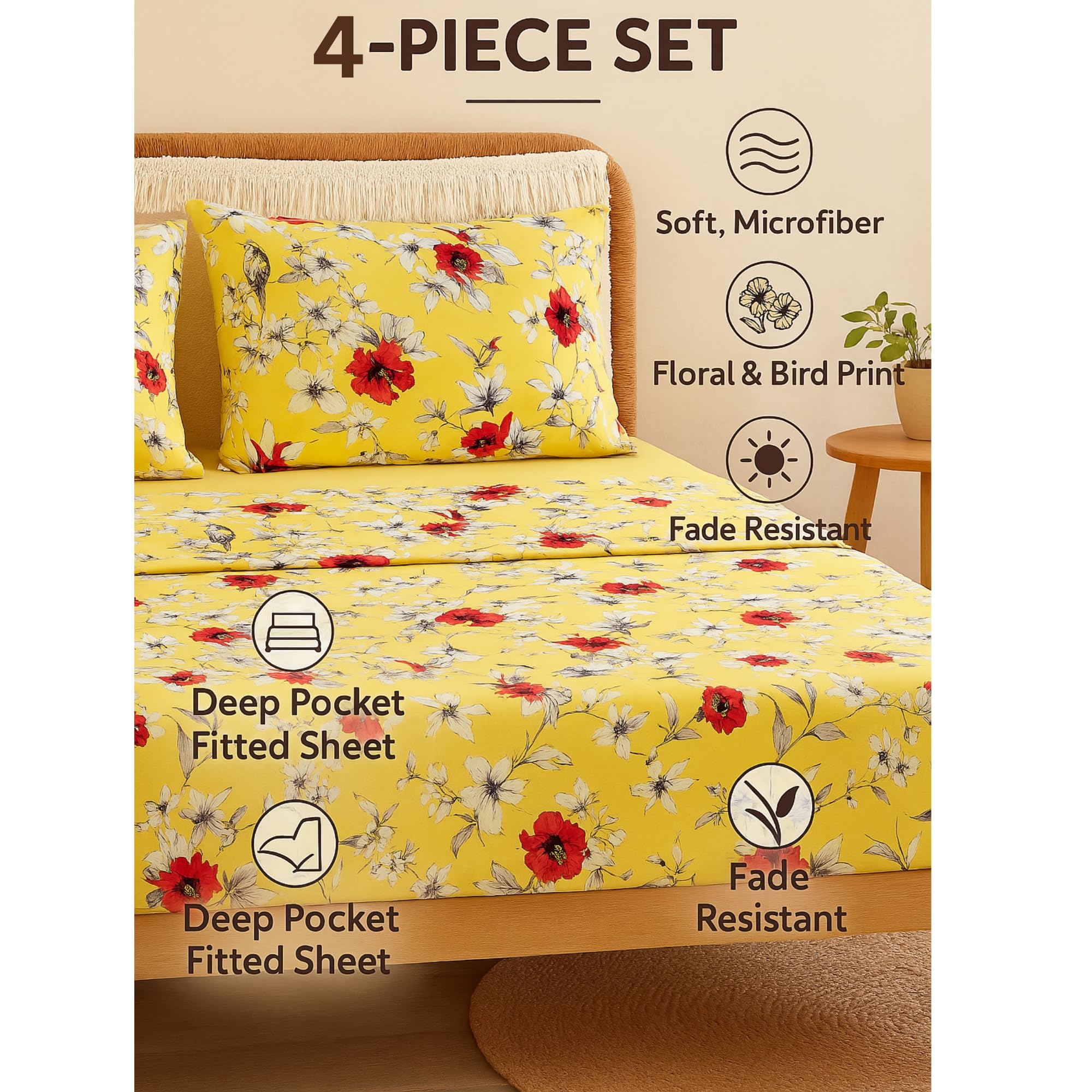 DaDa Bedding Lovely Yellow Floral Fitted and Flat Bed Sheets - Radiant Sunshine Hummingbirds Multi-Colorful Red Flowers - Bright Vibrant w/Pillow Cases Set - Queen Size - 4-Pieces