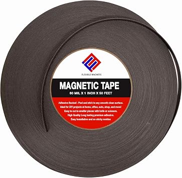 Flexible Magnets Magnetic Tape Roll with Adhesive Backing - Strip of Peel and Stick Magnets - Super Strong & Sticky 60 mil - 1" x 50