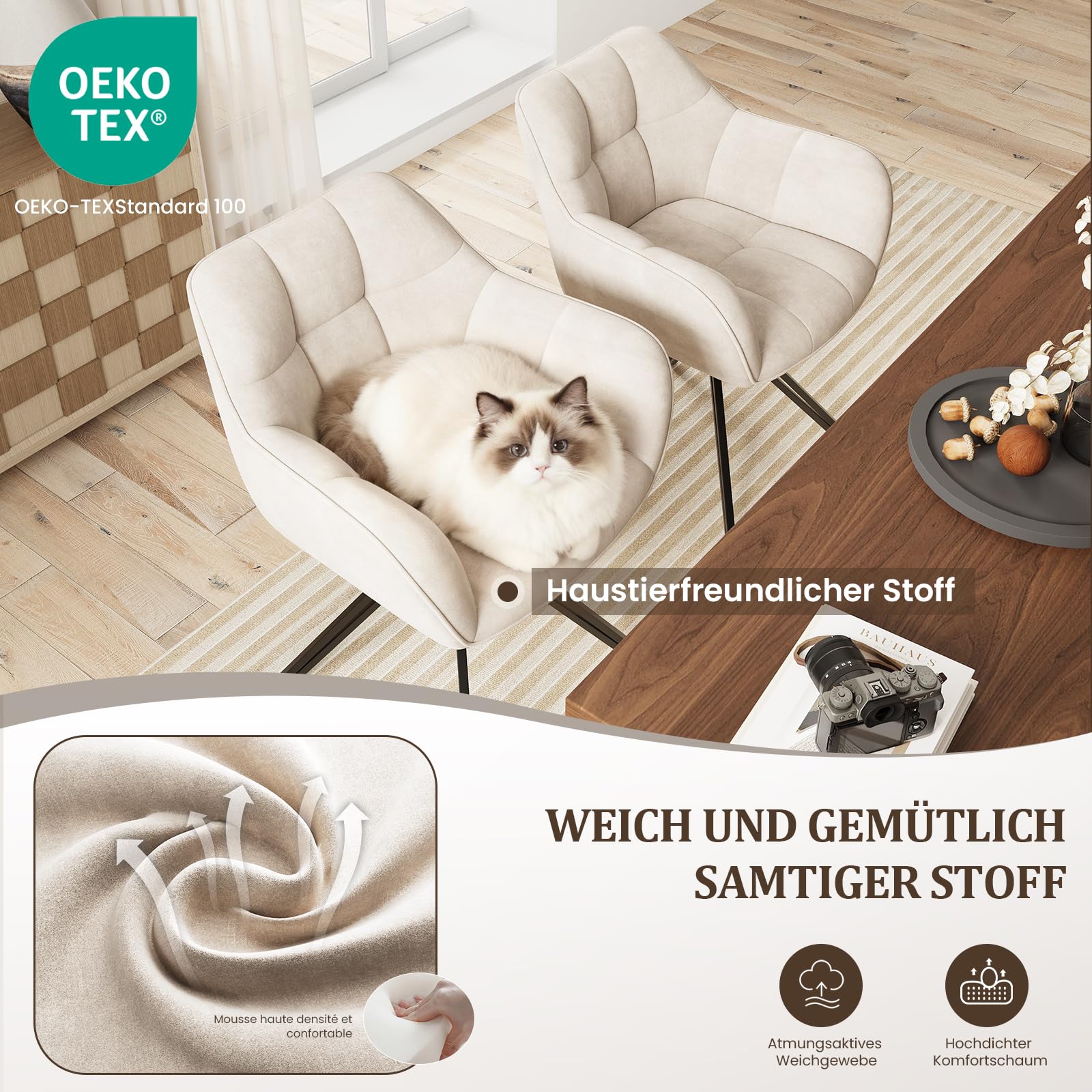 COLAMY Drehstühle für Esszimmer, 4er Set, Drehbare Polsterstühle mit Armlehnen und Rückenlehne, Bequeme Küchenstühle für Wohnzimmer & Essbereich, Beige