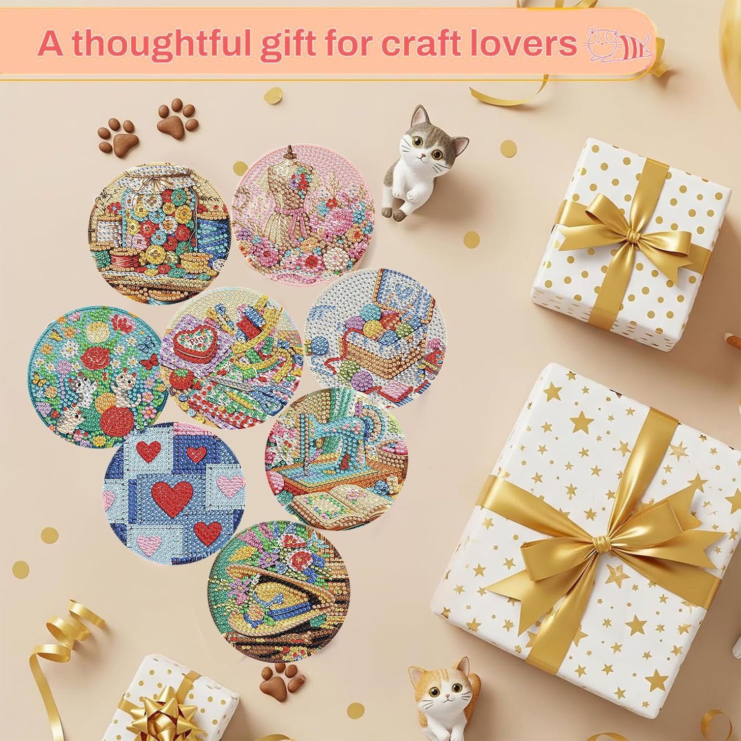 Yixzoxa 8 Pcs Vintage Sewing Diamond Art Coasters Kit for Adults Beginner