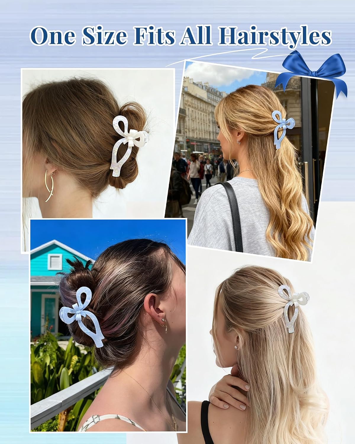 ACECHA 2 Pack Cute Bow Hair Claw Clips for Women - Double Hair Bows Clips for Thick Thin, Elegant Sparkly Wedding Party Hair Barrettes Accessories (White & Blue)