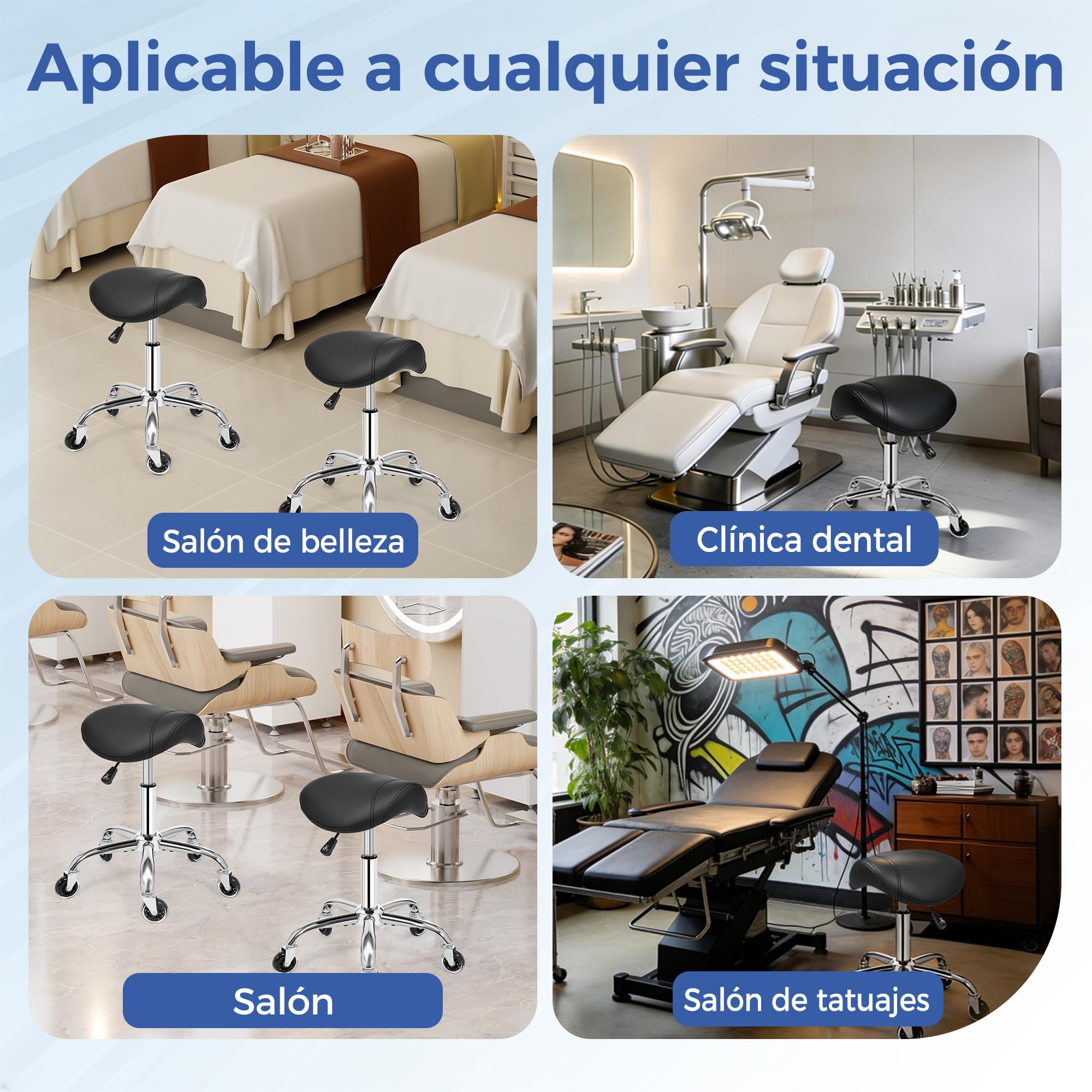 ANWBROAD Taburete con Ruedas Taburete Ergonomico Altura Ajustable | Taburete Giratorio Asiento Acolchado Amplio Carga 204 kg para Salones de Belleza,Spas y Clínicas Negro WSS001B