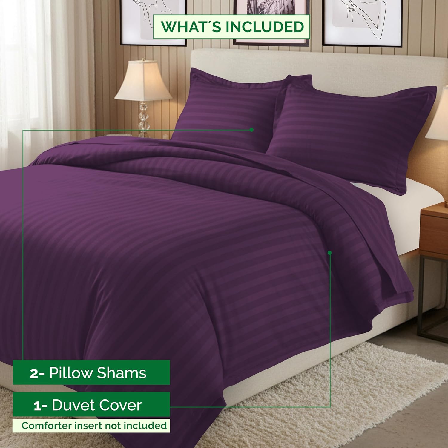 Elegant Comfort Wrinkle & Fade Resistant 1500 Thread Count - Damask Stripes Egyptian Quality Luxurious Silky Soft 3pc Duvet Cover Set, King/Cal-King, Purple