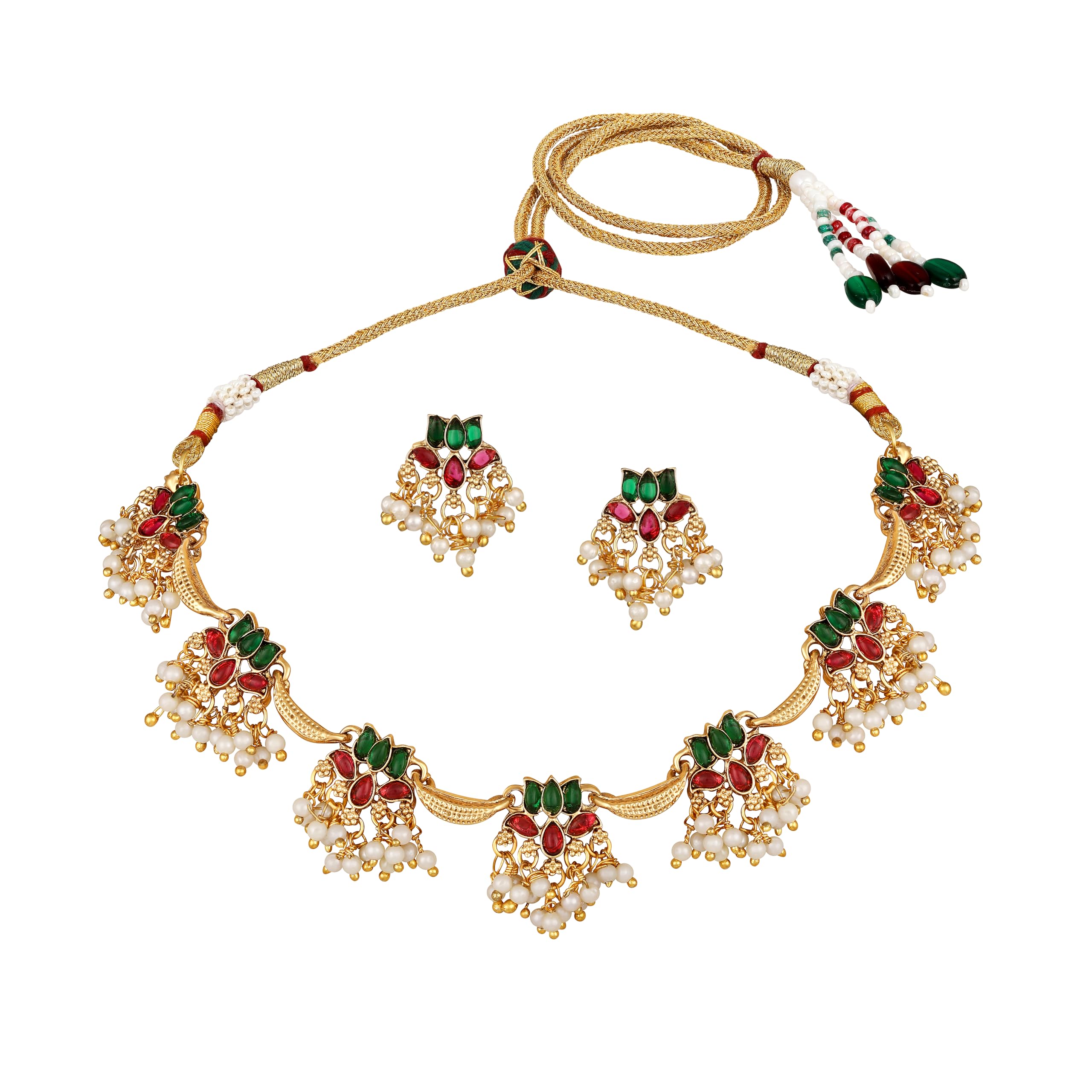 atasi international Traditional Temple Lotus Flower Design Necklace Jewellery Set for Women & Girls | Gold Plated with Ruby Red and Green Enamel with pearls (AG6212)-picture-33