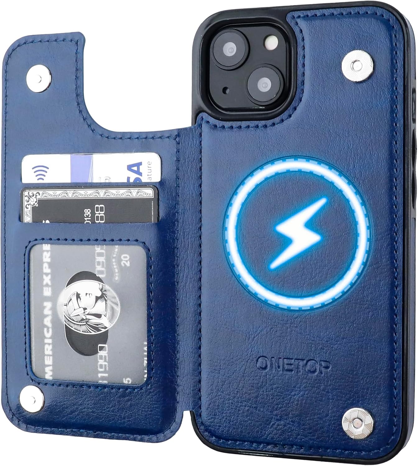 ONETOP Compatible with Magsafe for iPhone 13 Wallet Case with Card Holder, PU Leather Kickstand RFID Blocking Case, Double Magnetic Clasp and Durable Shockproof Cover 6.1 Inch (Blue)