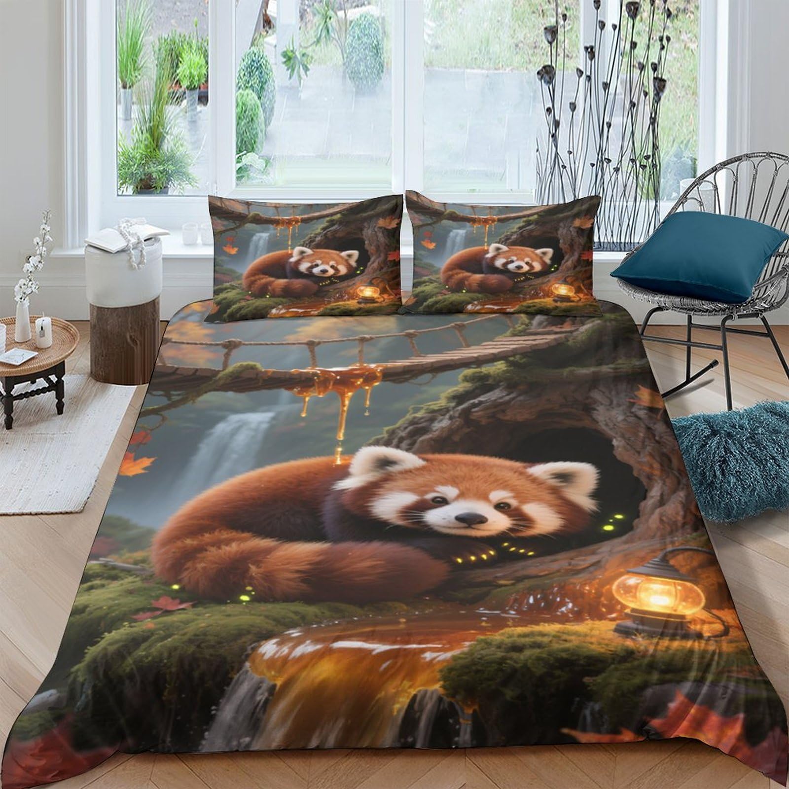 P5V6M1Q9 3D Printed Red Panda Forest Duvet Cover Microfiber Soft Breathable Waterfall Bedding Set with 2 Pillowcases for Bedroom Decor Single（135x200cm）