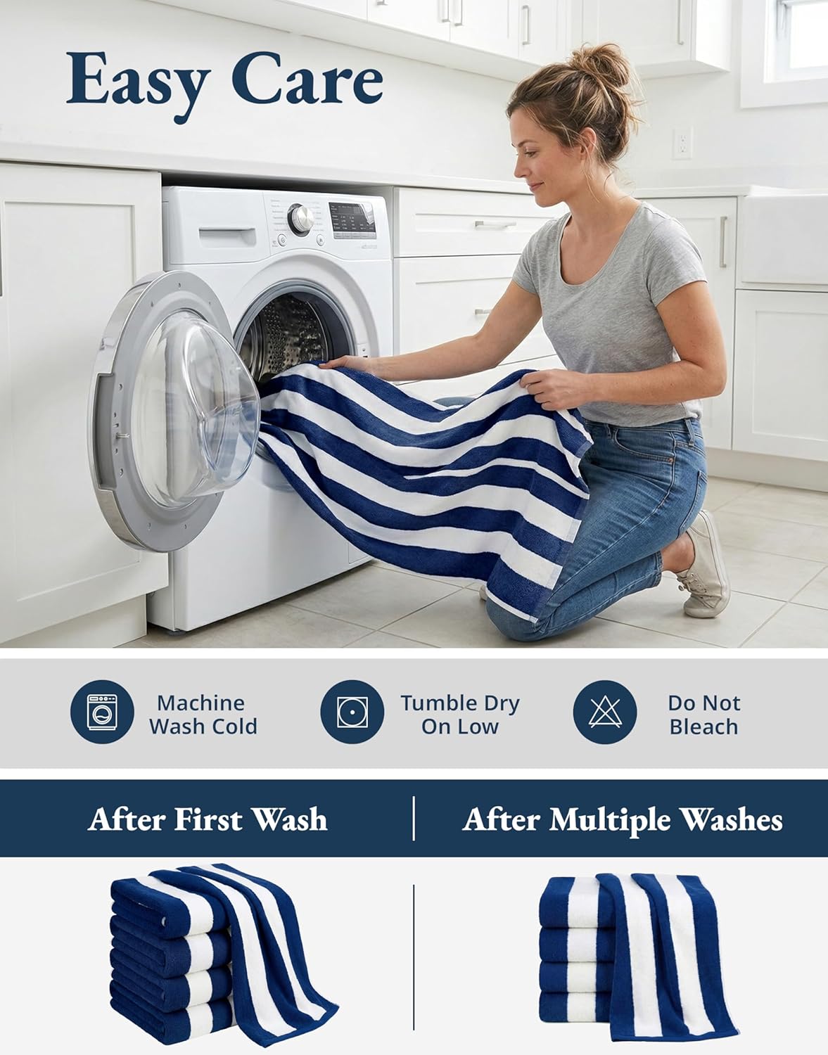 LANE LINEN 100% Cotton Beach Towel Set of 4 - Oversized Cabana Stripe Pool Towels for Adults (30" x 60'), Quick Dry, Highly Absorbent - Blue