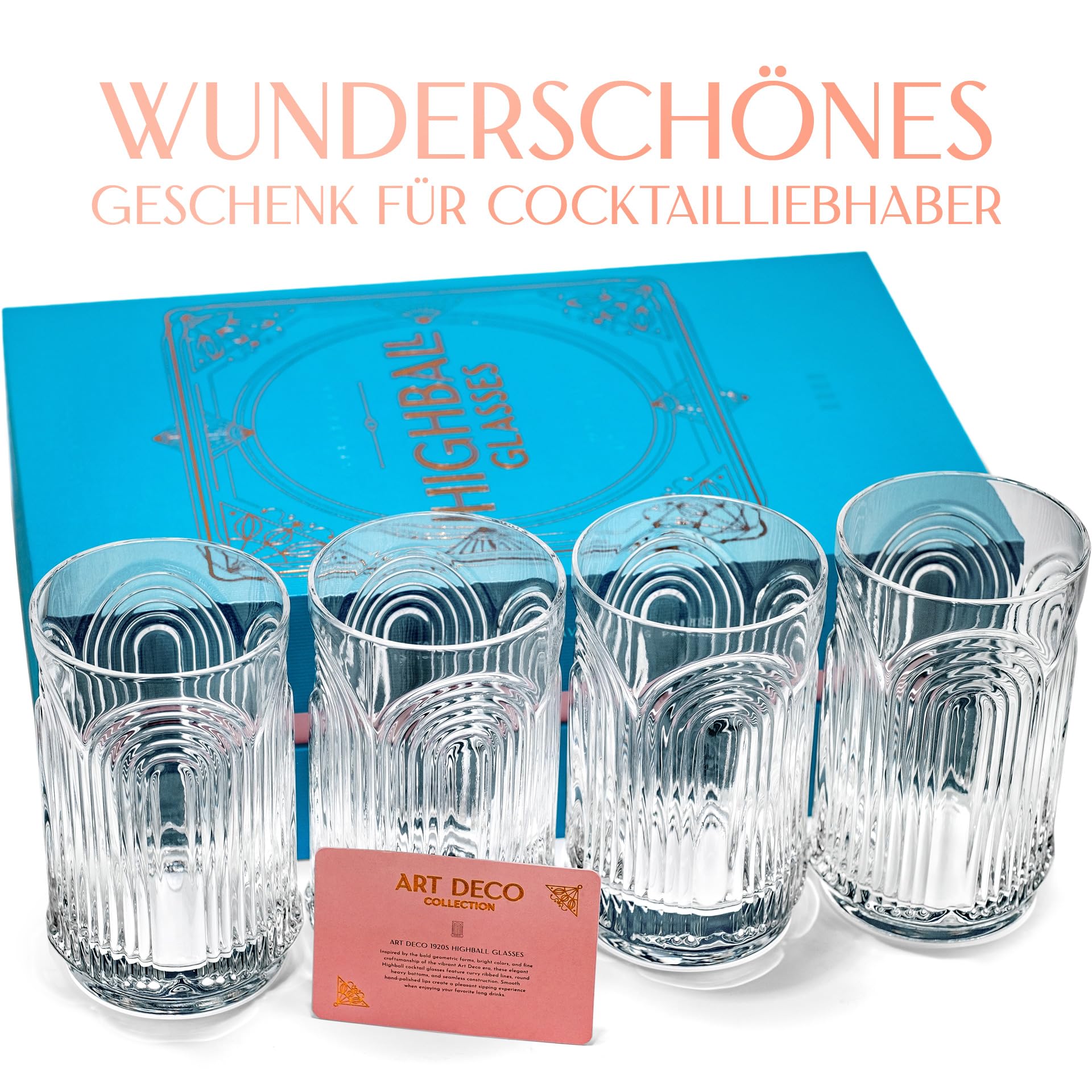 GLASSIQUE CADEAU Vintage Art Deco 1920er Gin Cocktail Longdrinkgläser mit Relief für Caipirinha, Mojito, Gin Tonic, Cuba Libre | 4er Set | 400 ml Hohe Highball Cocktailgläser