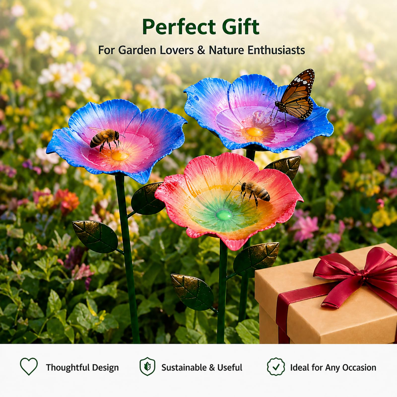 Abreuvoir Abeilles Jardin, 15cm Grand Abreuvoir à Abeilles Métal en Forme de Fleur avec Tuteur, Station d'eau pour Abeilles, Insectes & Papillons, Décoration de Jardin Extérieur (3 pièces)