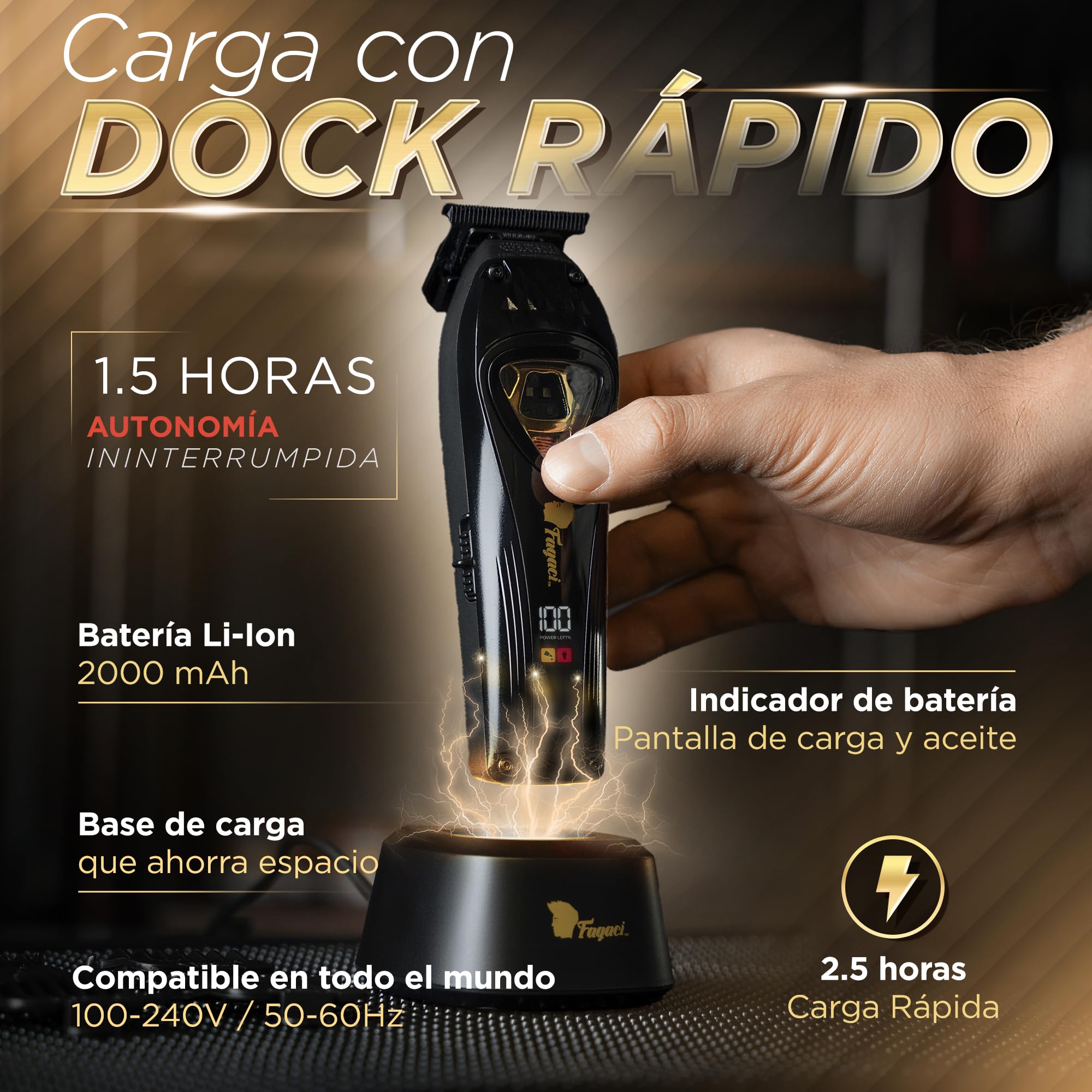 Fagaci Recortadora de Barba Hombre Profesional, Cuchilla DLC Zero Gap | Recortadora inalámbrica zero gap con cuchillas DLC, Motor vectorial de 12.000 RPM, Incluye base de carga y guías