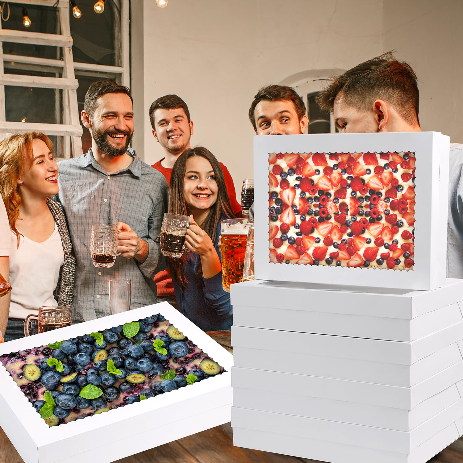 12 cajas de galletas, cajas grandes de panadería de 19 x 14 x 4 pulgadas con ventana para pasteles, chocolate, fresas, magdalenas, donas, pasteles, postres, Navidad (blanco)