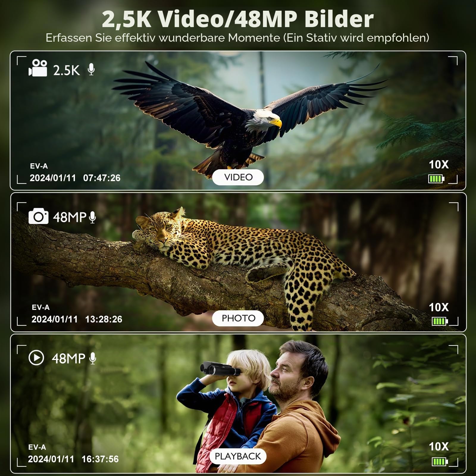 Digitales Fernglas mit LCD-Bildschirm von 2,4 Zoll und Kamera, 12 x 32 Zentimeter, für Erwachsene, 48 MP, 2,5K, HD-Videos für Vogelbeobachtung, Konzerte und Abenteuer im Freien, 16 GB