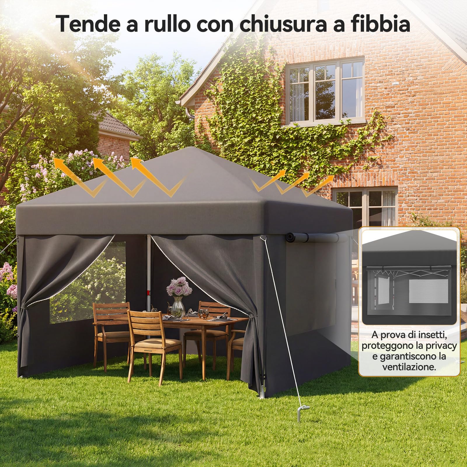 JUMMICO Gazebo 3x3 Pieghevole Impermeabile｜Zanzariera Arieggiata Anti-Insetti｜Robusto, Durevole, Impermeabile e Anti-UV｜Installazione e Rangement Rapidi｜Ideale per Cortile, Campeggio e Altro｜Grigio