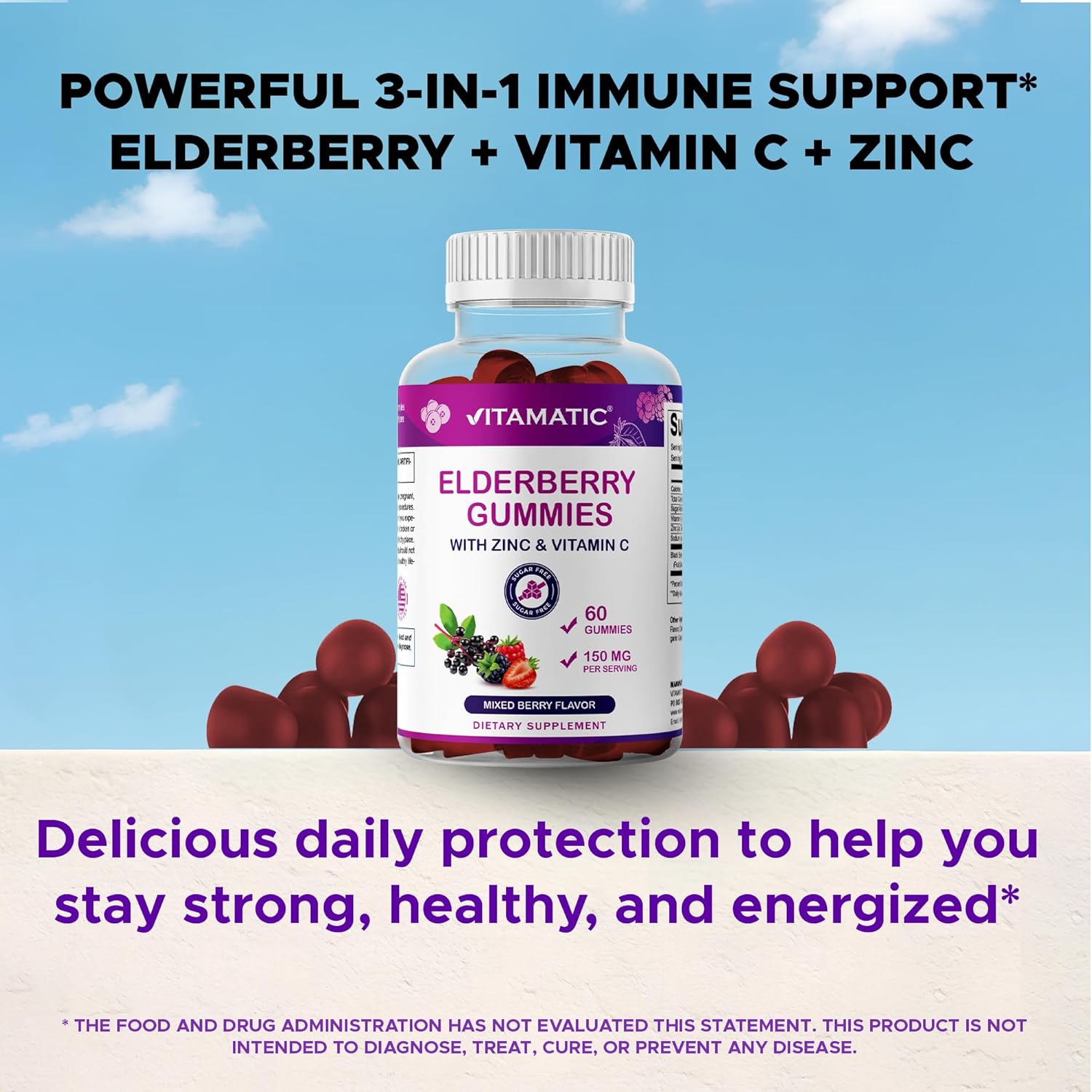 Vitamatic Elderberry Gummies with Vitamin C & Zinc – Immune Support Supplement – Mixed Berry Flavor– 60 Gummies – Made in The USA, Vegan, Non-GMO, Gluten-Free - 2 Pack